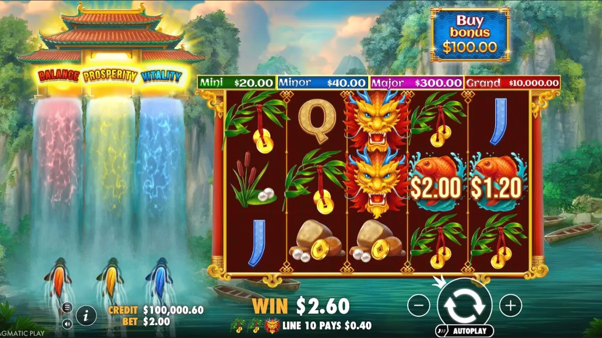 Dragon’s Gate Bonus Choice slot machine interface with golden dragons and lotus flowers