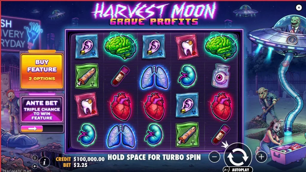 Harvest Moon Grave Profits slot mobile interface showing the reels and control panel